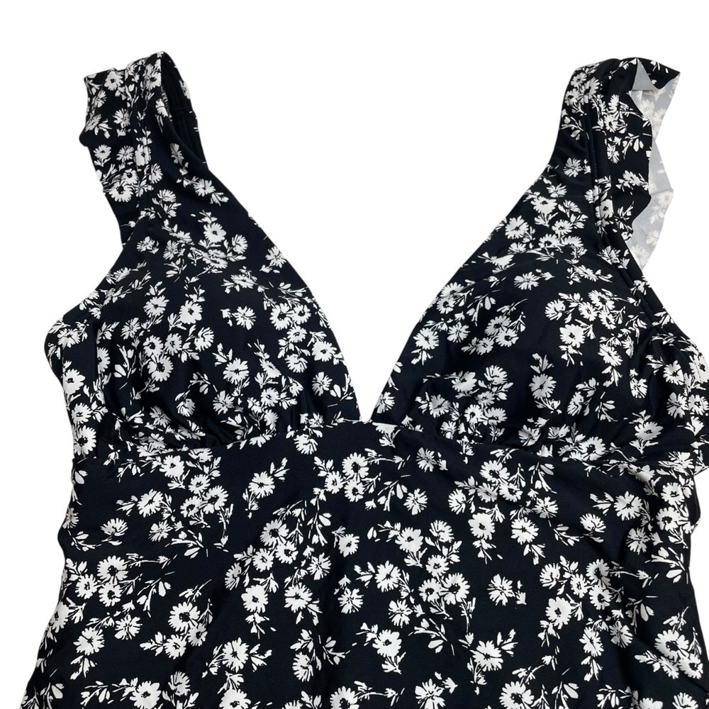 DKNY Ruffle Neck One-Piece Swimsuit Black White Floral Size 4 New - Picture 3 of 7